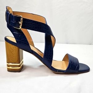 Tommy Hilfiger Blue Women's Sadah Stacked Heel Leather Sandals Sz 8.5